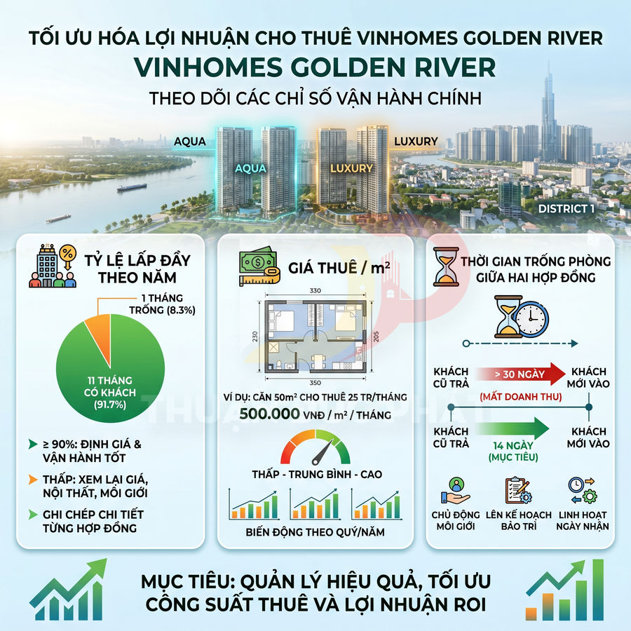Infographic tối ưu hóa lợi nhuận cho thuê căn hộ Vinhomes Golden River với tỷ lệ lấp đầy và giá thuê chi tiết
