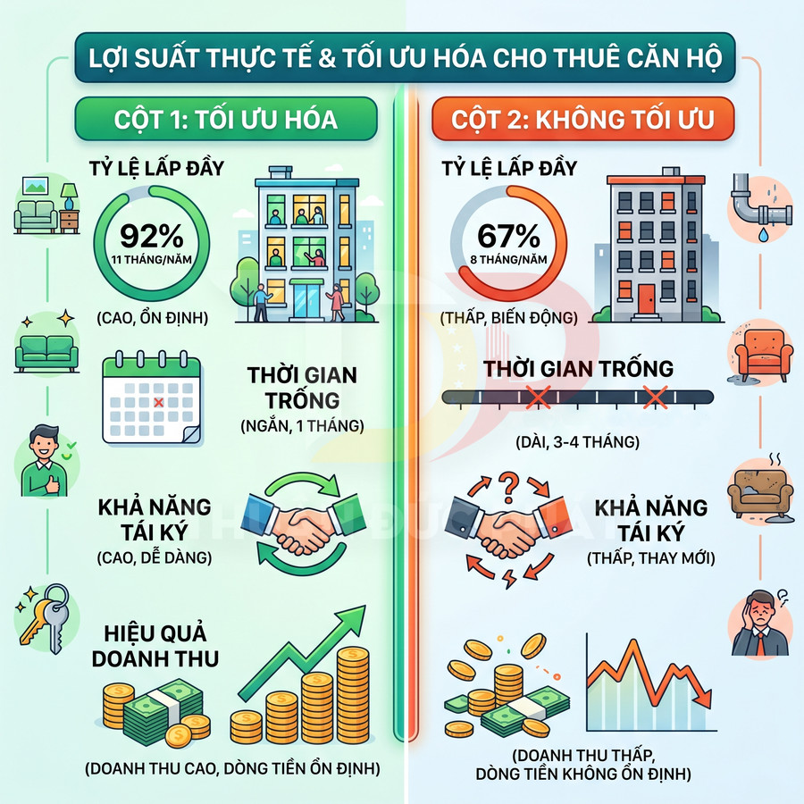 So sánh hiệu quả tối ưu hóa cho thuê căn hộ với không tối ưu về tỷ lệ lấp đầy, thời gian trống và doanh thu