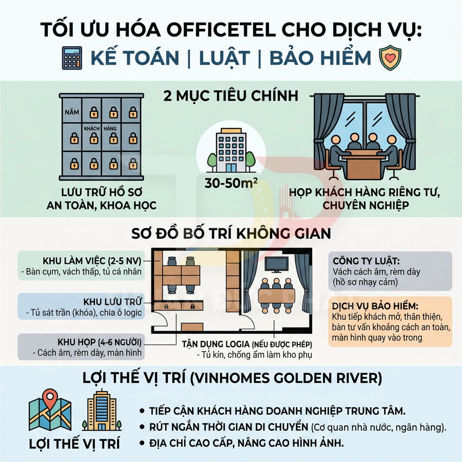 Mô hình tối ưu hóa officetel Vinhomes Golden River cho dịch vụ kế toán luật bảo hiểm với sơ đồ bố trí không gian