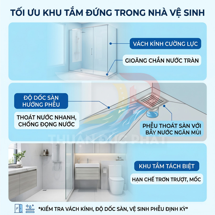 Giải pháp tối ưu khu tắm đứng với vách kính cường lực, gioăng chắn nước, phễu thoát sàn chống mùi trong nhà vệ sinh hiện đại