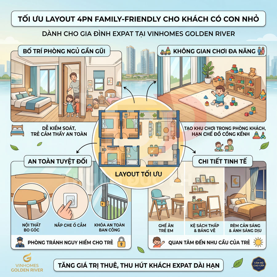 Infographic căn hộ 4 phòng ngủ family friendly cho gia đình có con nhỏ tại Vinhomes Golden River