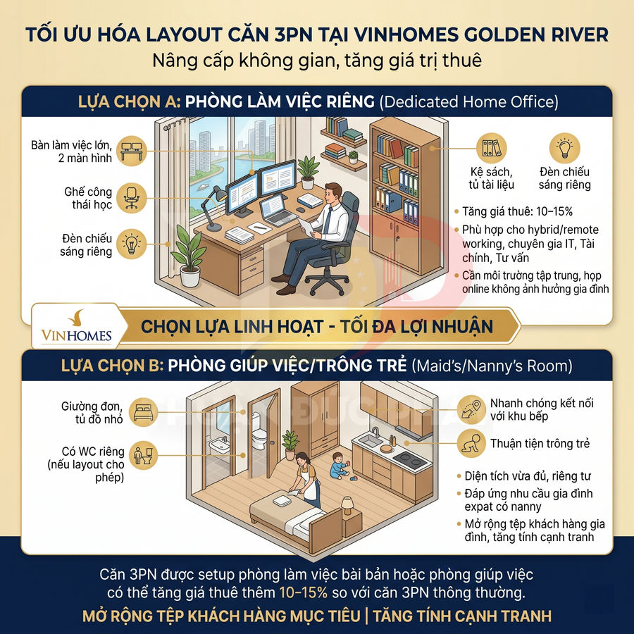 Infographic tối ưu hóa layout căn hộ 3PN Vinhomes Golden River với phòng làm việc riêng hoặc phòng giúp việc trông trẻ