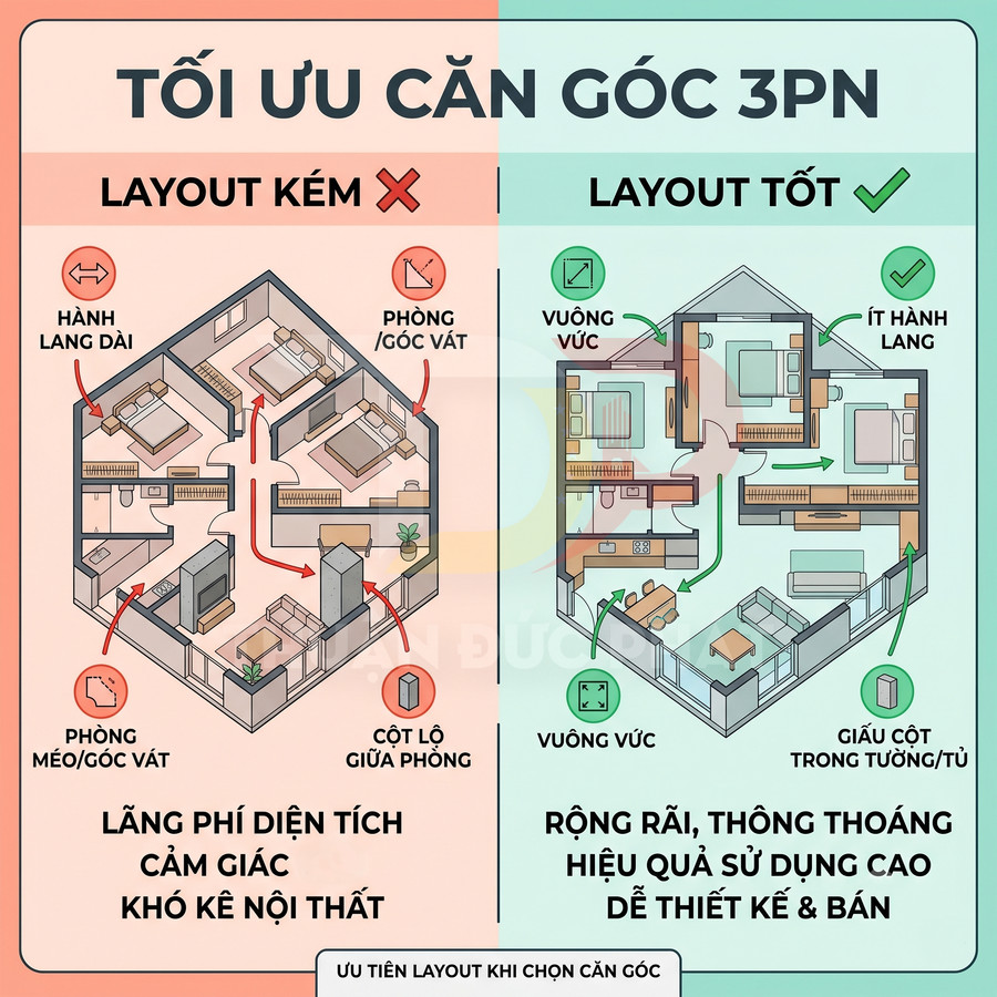 So sánh layout kém và layout tốt cho căn hộ góc 3 phòng ngủ, tối ưu diện tích và hành lang