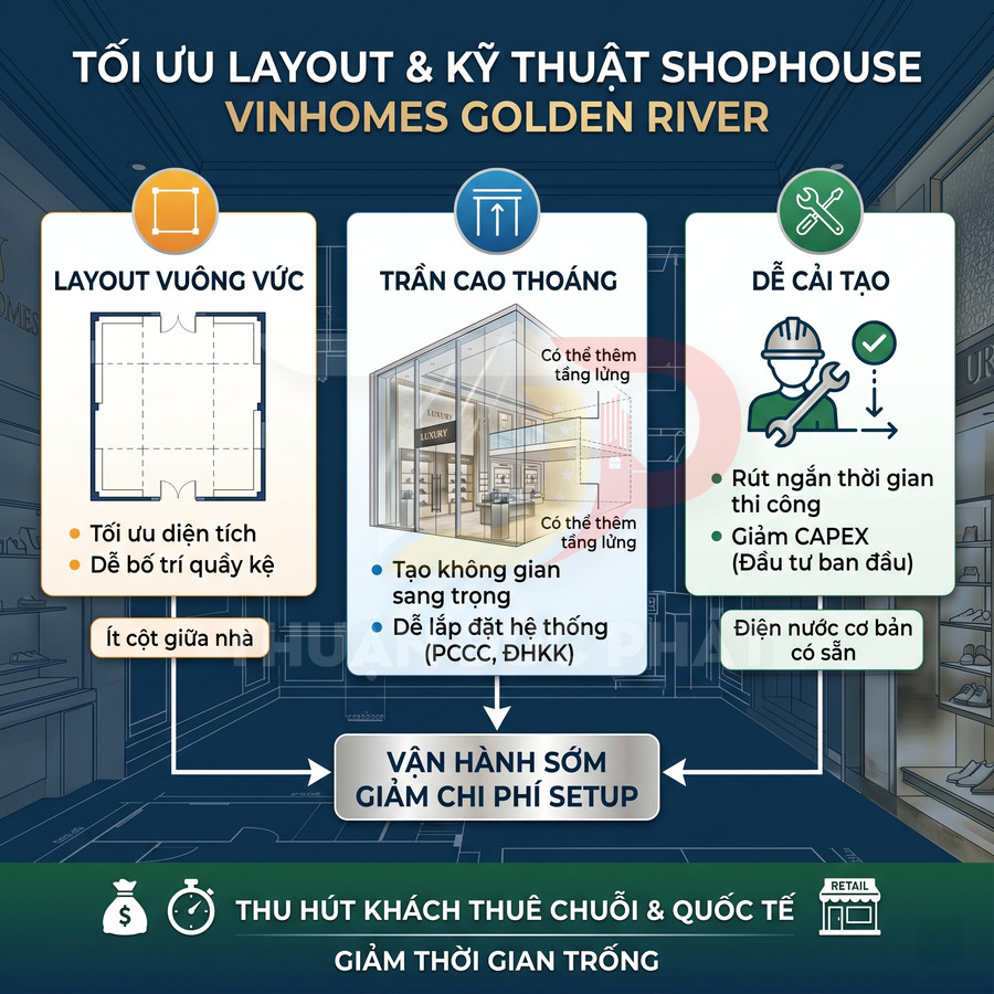 Infographic tối ưu layout và kỹ thuật shophouse Vinhomes Golden River giúp vận hành sớm và giảm chi phí setup