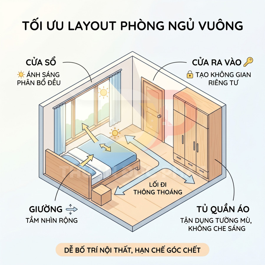 Minh họa bố trí nội thất phòng ngủ vuông với giường, tủ quần áo, cửa sổ và cửa ra vào tối ưu ánh sáng, lối đi