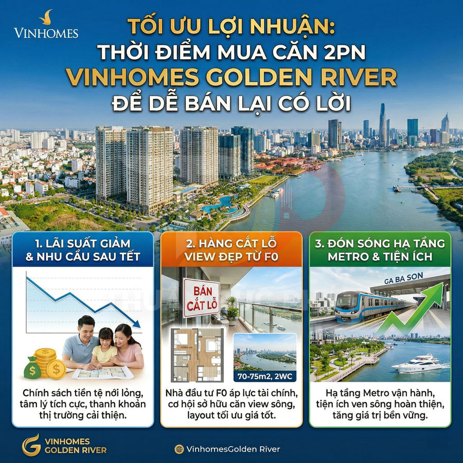 Quảng cáo căn hộ 2 phòng ngủ Vinhomes Golden River view sông Sài Gòn, lợi nhuận cao nhờ lãi suất giảm và hạ tầng metro