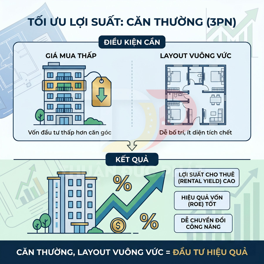 Infographic tối ưu lợi suất căn hộ 3 phòng ngủ layout vuông vức, giá mua thấp, lợi suất cho thuê cao