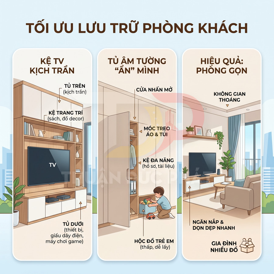 Giải pháp tối ưu lưu trữ phòng khách với kệ TV kịch trần và tủ âm tường gọn gàng, nhiều ngăn tiện dụng