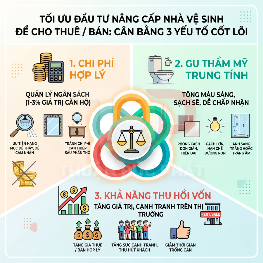 Infographic tối ưu đầu tư nâng cấp nhà vệ sinh cho thuê bán với 3 yếu tố chi phí, thẩm mỹ và khả năng thu hồi vốn