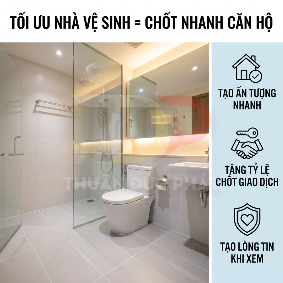 Phòng tắm căn hộ hiện đại với bồn cầu, buồng tắm kính, lavabo trắng và gương lớn sáng sạch sẽ