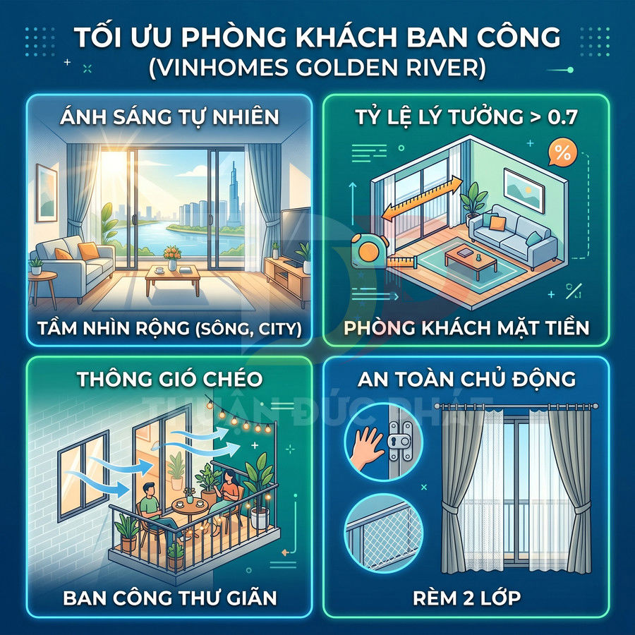 Infographic tối ưu phòng khách ban công Vinhomes Golden River với ánh sáng tự nhiên, thông gió, ban công thư giãn và rèm 2 lớp