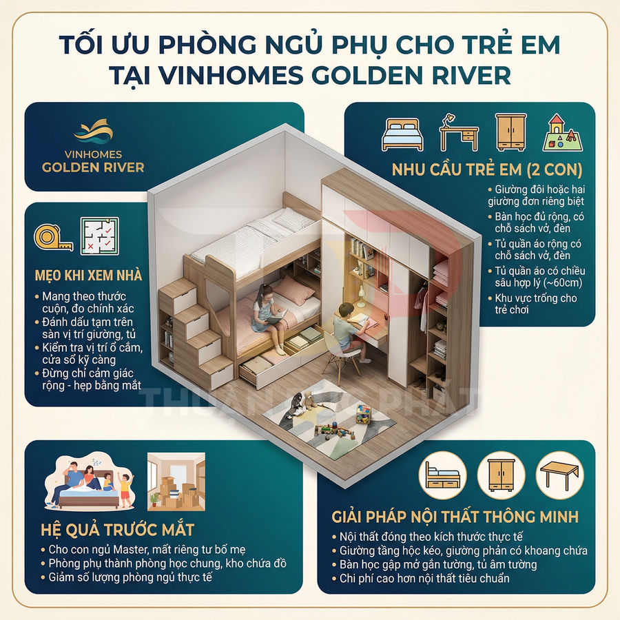 Mẫu thiết kế phòng ngủ phụ cho trẻ em tại Vinhomes Golden River với giường tầng và nội thất thông minh