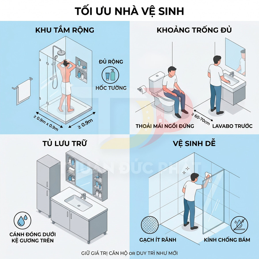 Minh họa thiết kế nhà vệ sinh tối ưu với buồng tắm kính, bồn cầu, lavabo và tủ lưu trữ tiện dụng