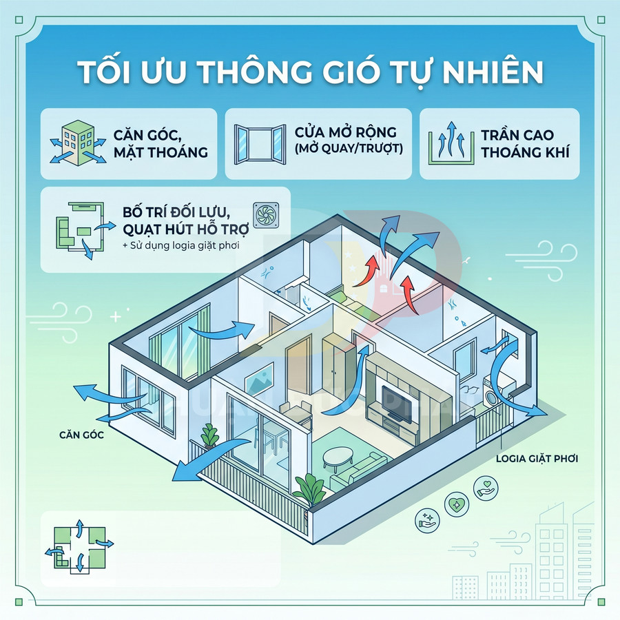 Mặt bằng căn hộ minh họa giải pháp tối ưu thông gió tự nhiên với cửa mở rộng và logia giặt phơi