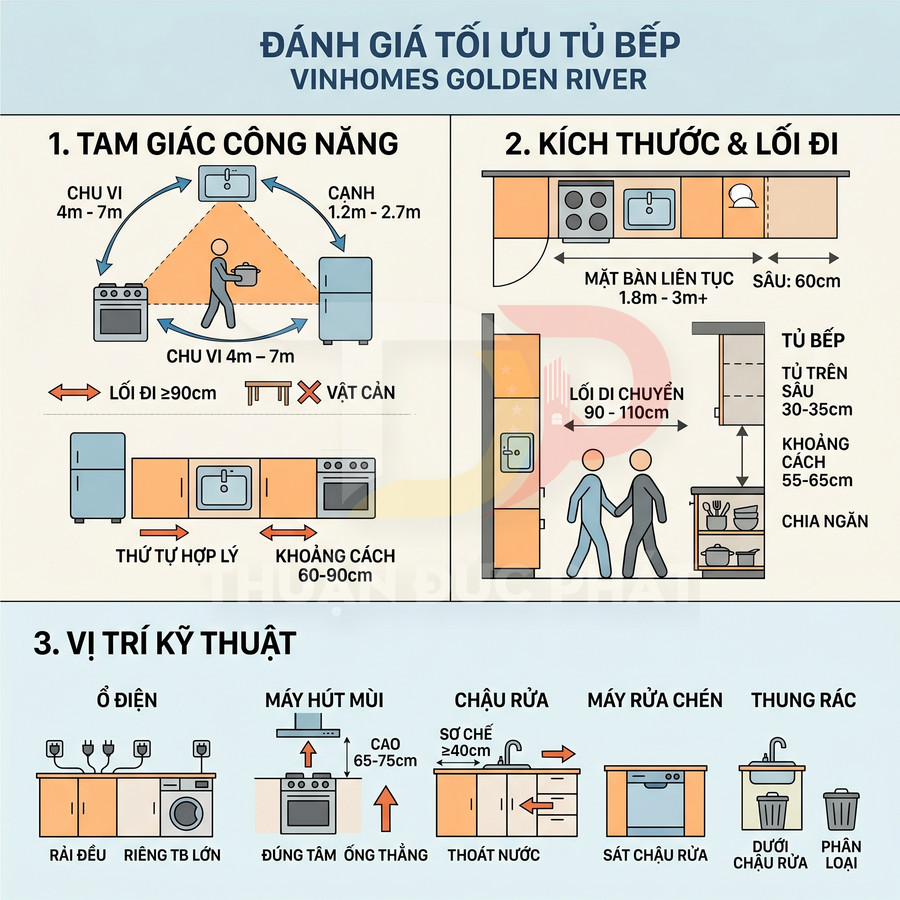 Hướng dẫn bố trí tủ bếp Vinhomes Golden River với tam giác công năng, kích thước lối đi và vị trí kỹ thuật