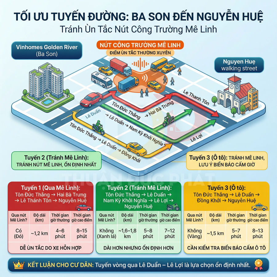 Infographic hướng dẫn tối ưu tuyến đường từ Ba Son đến phố đi bộ Nguyễn Huệ tránh ùn tắc nút Mê Linh