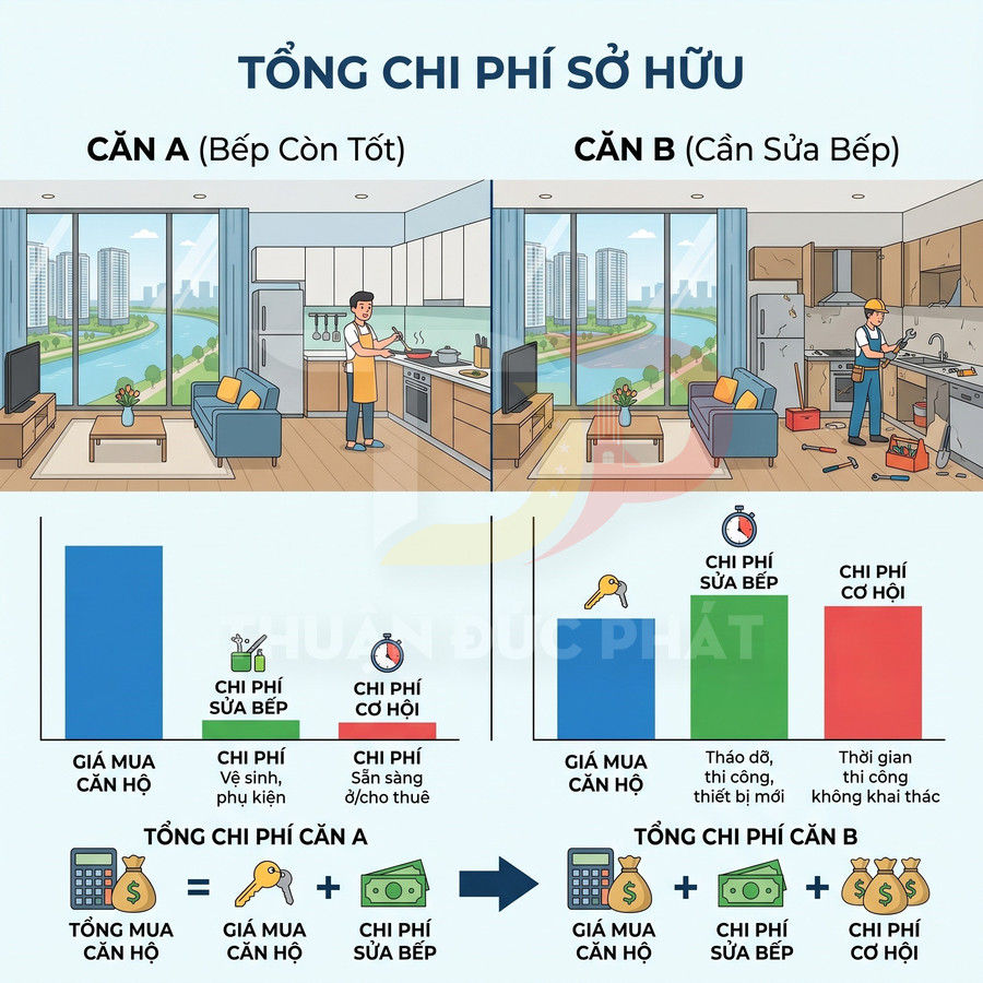 So sánh tổng chi phí sở hữu căn hộ bếp còn tốt và căn hộ cần sửa bếp, minh họa chi phí mua và chi phí cơ hội