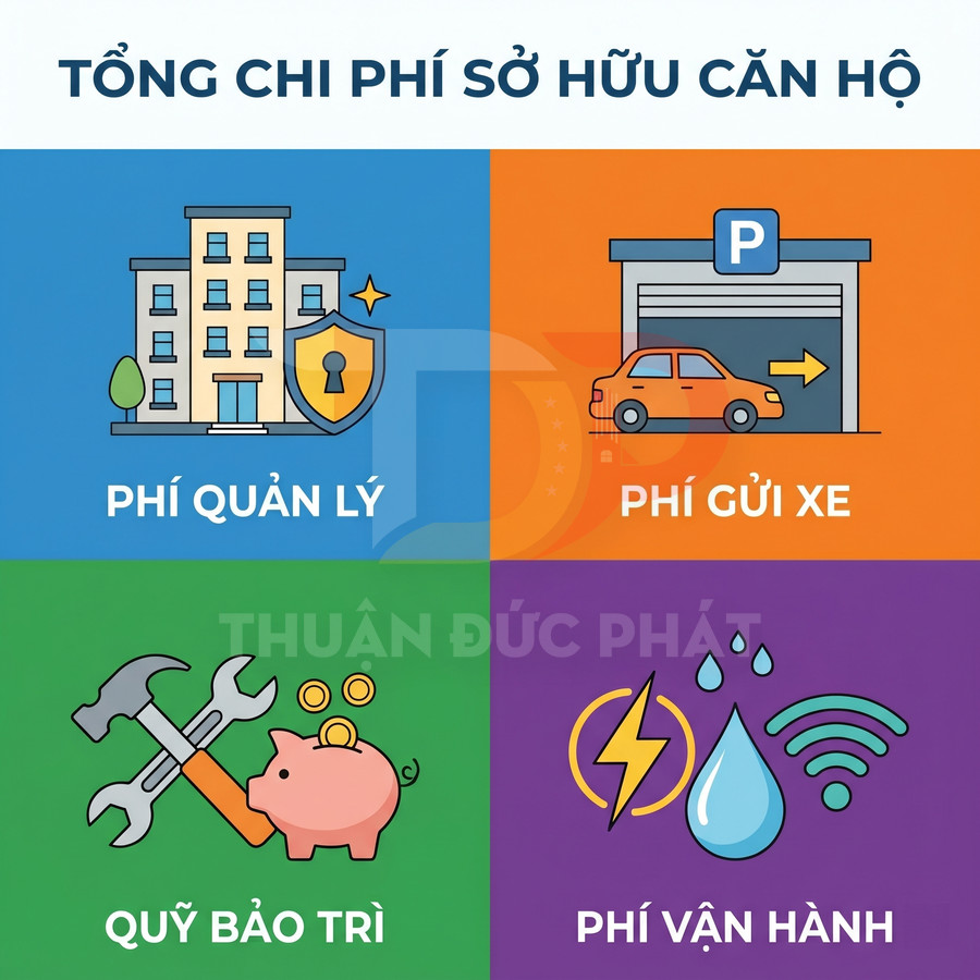 Tổng chi phí sở hữu căn hộ gồm phí quản lý, phí gửi xe, quỹ bảo trì và phí vận hành