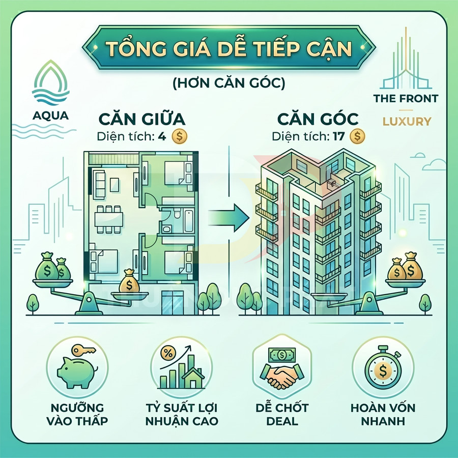 So sánh căn hộ giữa và căn góc dự án Aqua The Front Luxury với lợi nhuận cao, dễ chốt deal, hoàn vốn nhanh