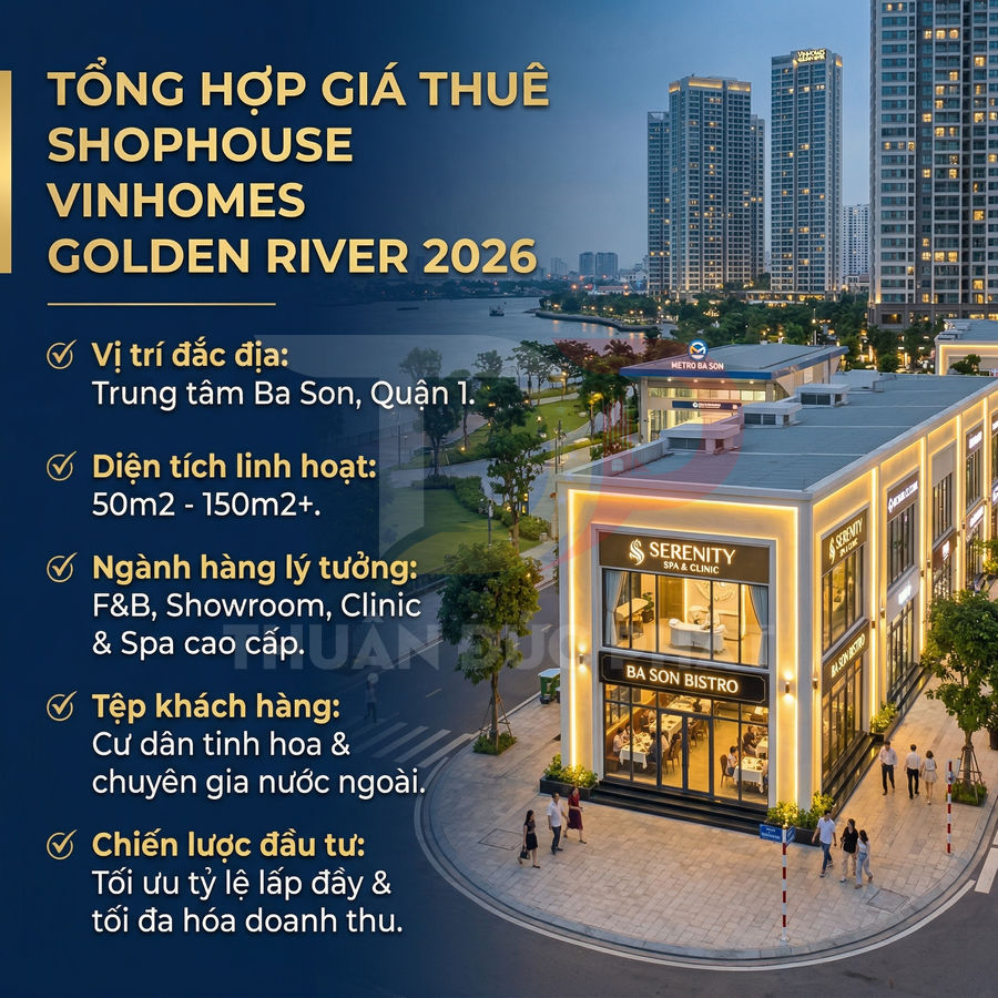 Tổng hợp giá thuê shophouse Vinhomes Golden River 2026 tại Ba Son Quận 1, hình ảnh khu shophouse và tòa nhà cao tầng