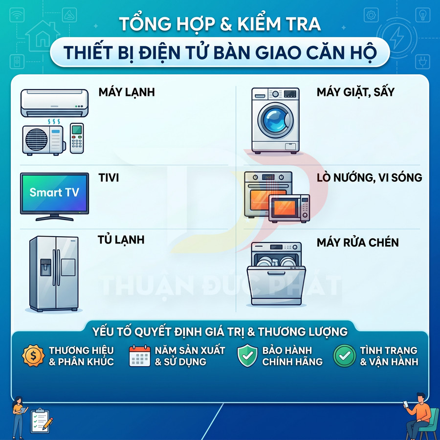 Danh sách thiết bị điện tử bàn giao căn hộ gồm máy lạnh, tivi, tủ lạnh, máy giặt, lò nướng, lò vi sóng, máy rửa chén