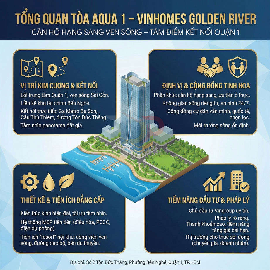 Tổng quan tòa Aqua 1 Vinhomes Golden River, căn hộ cao cấp ven sông Sài Gòn với tiện ích và tiềm năng đầu tư