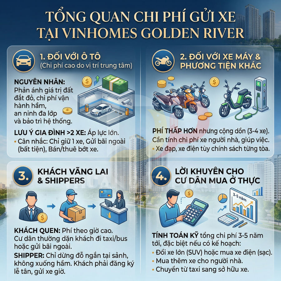 Infographic tổng quan chi phí gửi ô tô, xe máy và lời khuyên gửi xe tại Vinhomes Golden River