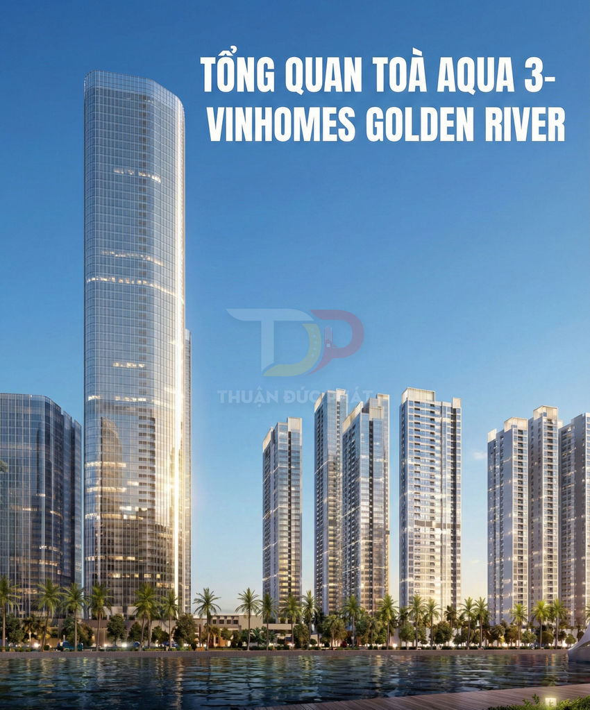 Tổng quan tòa Aqua 3 Vinhomes Golden River với các tháp căn hộ cao tầng bên sông