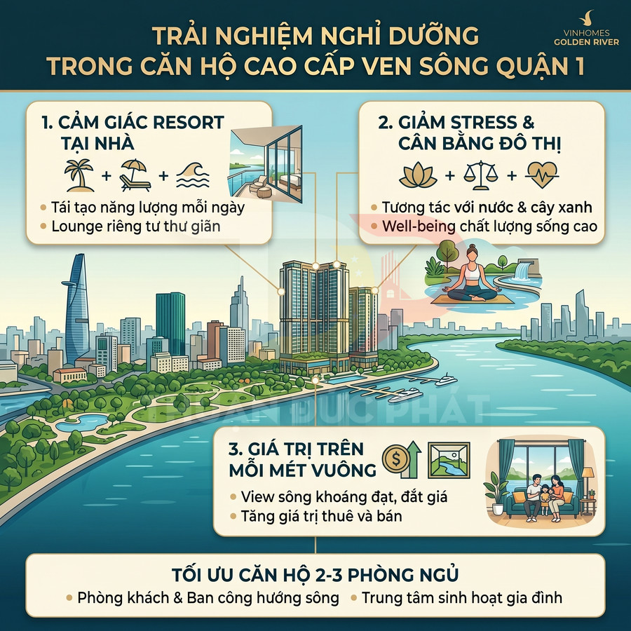 Infographic giới thiệu căn hộ cao cấp ven sông Vinhomes Golden River quận 1 với tiện ích nghỉ dưỡng, view sông và không gian xanh