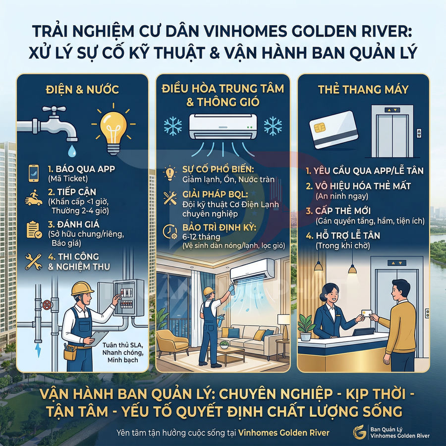 Infographic quy trình xử lý sự cố điện nước, điều hòa, thẻ thang máy cho cư dân Vinhomes Golden River