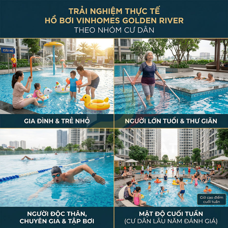 Hồ bơi Vinhomes Golden River với cư dân gia đình, trẻ nhỏ, người lớn tuổi và người tập bơi thư giãn cuối tuần