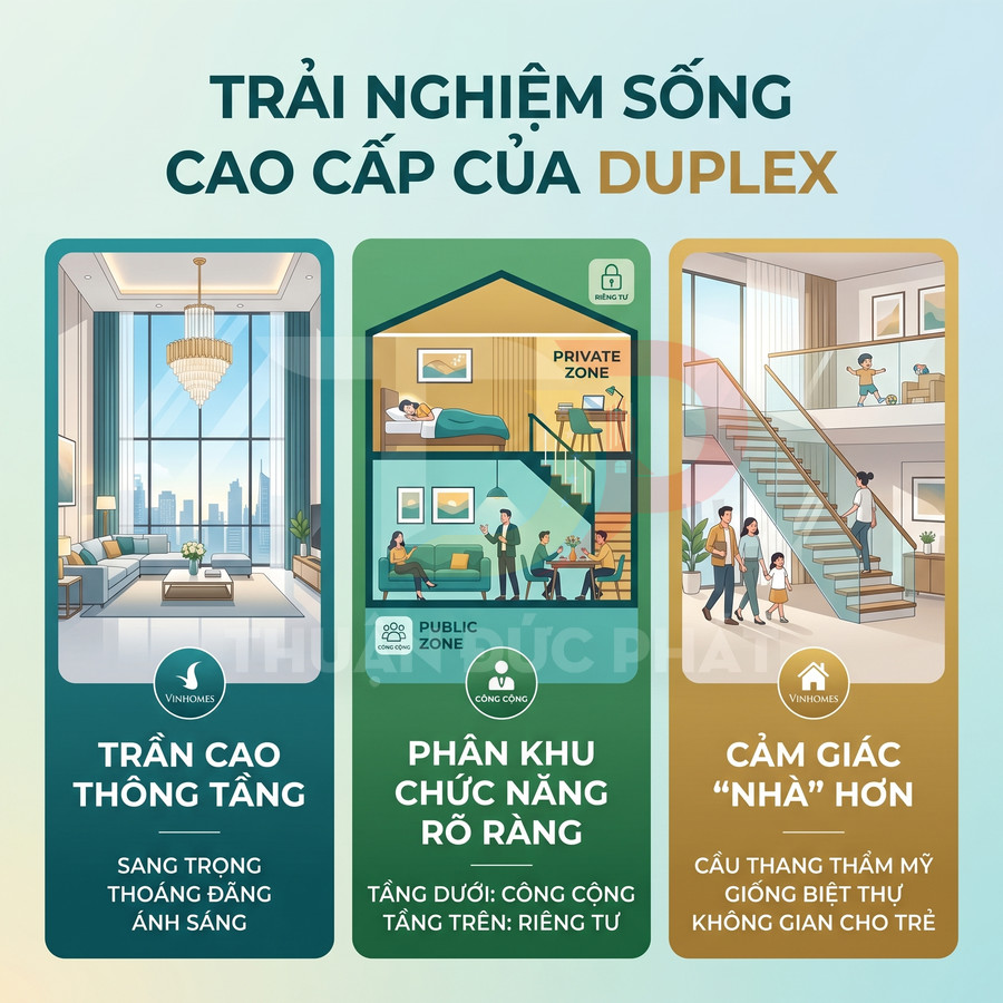 Thiết kế căn hộ duplex Vinhomes trần cao, phân khu chức năng rõ ràng, cầu thang rộng cho gia đình và trẻ nhỏ