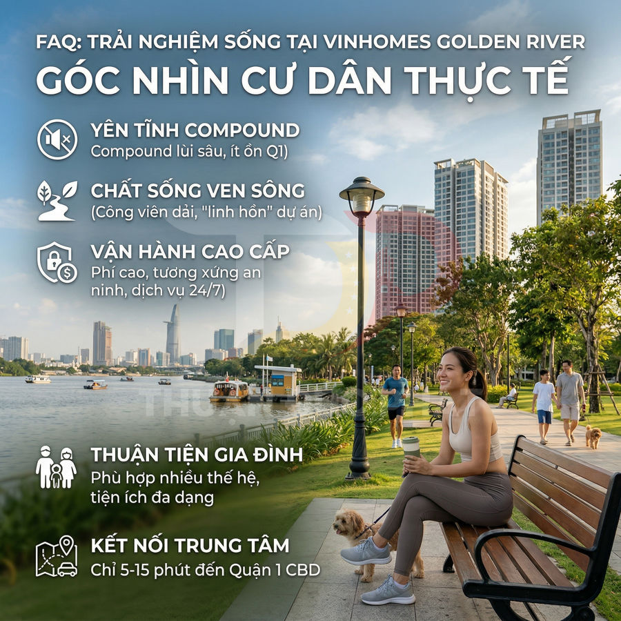 Cư dân dắt chó dạo bộ bên sông trong khu căn hộ cao cấp Vinhomes Golden River, không gian xanh yên tĩnh