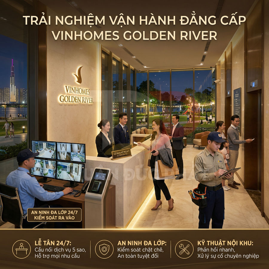 Sảnh lễ tân Vinhomes Golden River sang trọng với nhân viên hỗ trợ cư dân và hệ thống an ninh 24/7