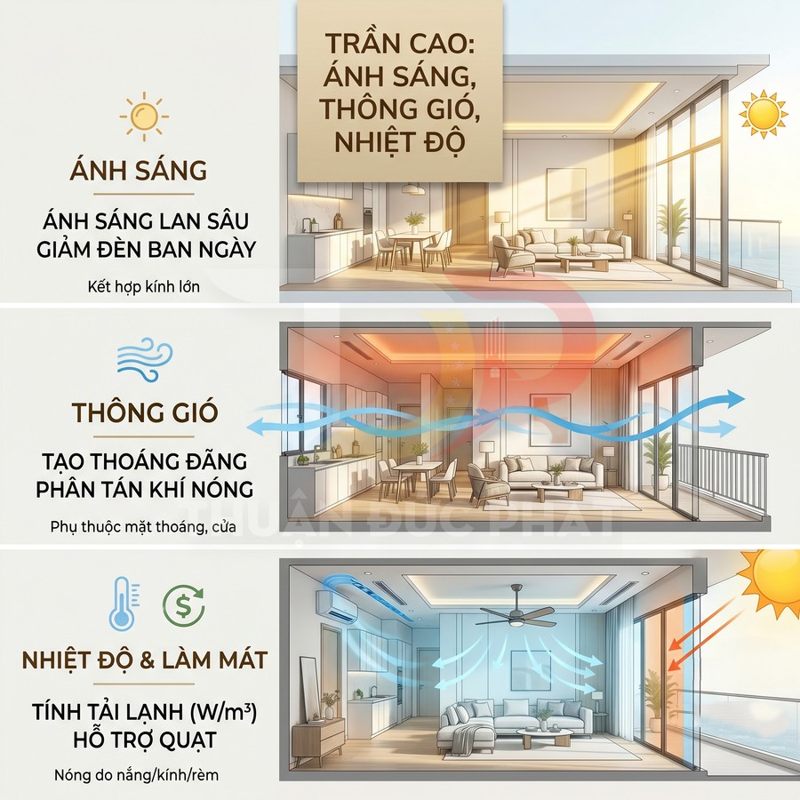 Minh họa căn hộ trần cao với ánh sáng tự nhiên, thông gió tốt và giải pháp làm mát, cách nhiệt bằng kính và phim cách nhiệt