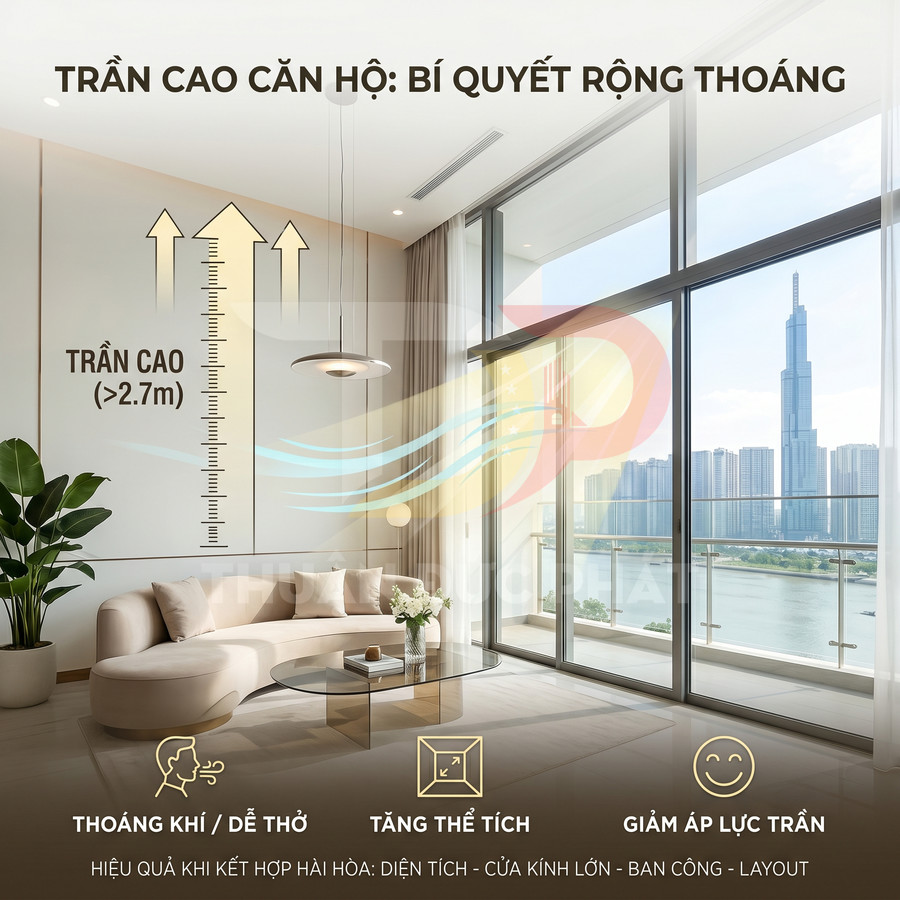 Phòng khách căn hộ trần cao trên 2.7m với cửa kính lớn nhìn ra sông và thành phố, sofa hiện đại và ban công rộng thoáng