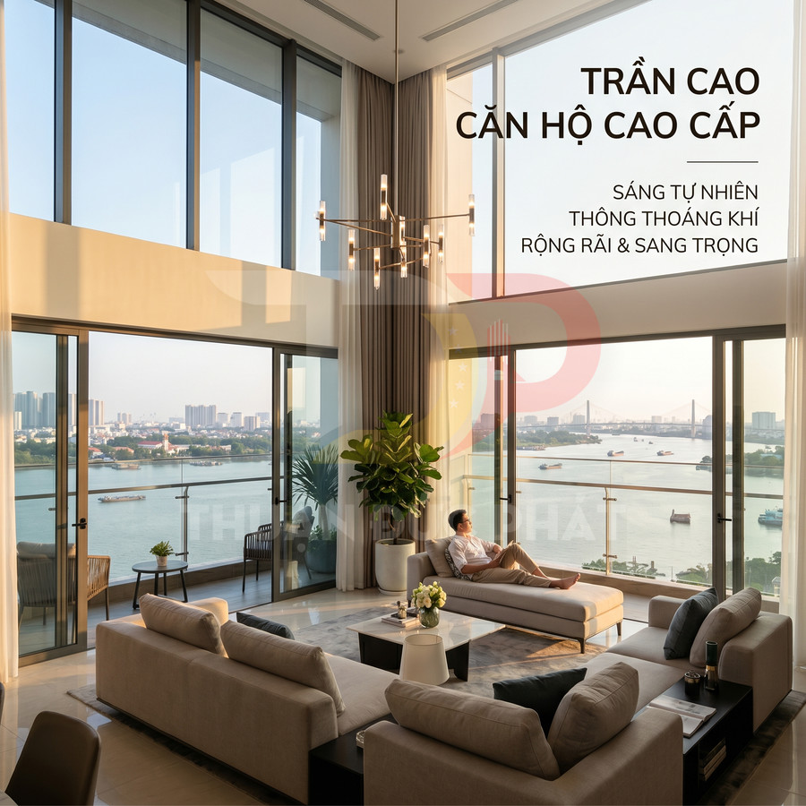 Phòng khách căn hộ cao cấp trần cao, cửa kính lớn view sông, nội thất sofa sang trọng ngập tràn ánh sáng tự nhiên