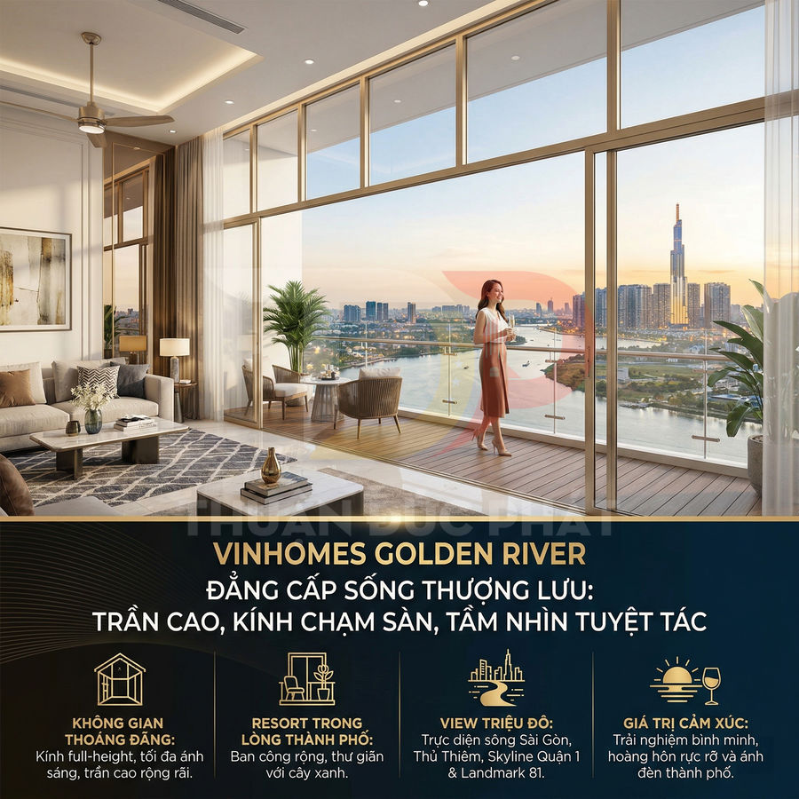 Căn hộ cao cấp Vinhomes Golden River với phòng khách sang trọng, ban công kính rộng nhìn ra sông và Landmark 81