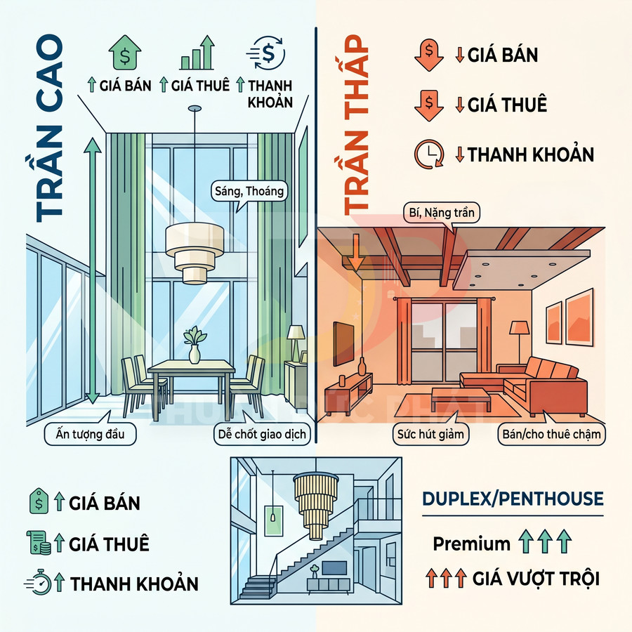 So sánh căn hộ trần cao và trần thấp, minh họa ảnh hưởng đến giá bán, giá thuê và thanh khoản bất động sản