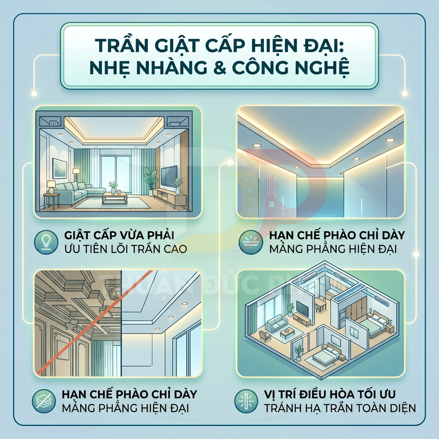 Mẫu trần giật cấp hiện đại với đèn led âm trần, hạn chế phào chỉ dày, tối ưu không gian phòng khách và phòng ngủ