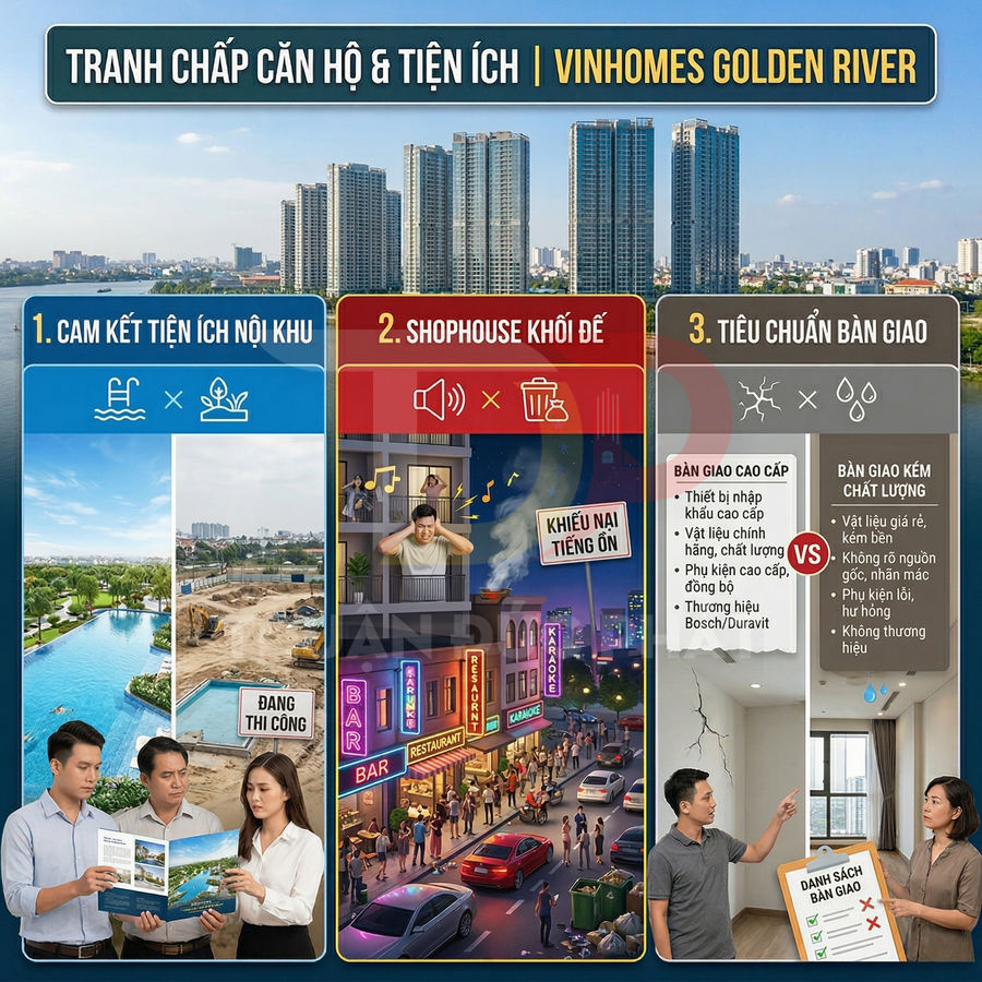 Infographic tranh chấp căn hộ và tiện ích dự án Vinhomes Golden River với hình ảnh tiện ích, shophouse và tiêu chuẩn bàn giao