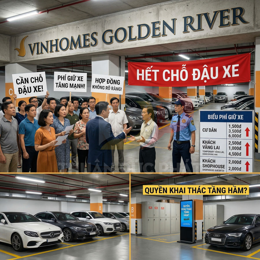 Hầm giữ xe Vinhomes Golden River với nhiều ô tô đỗ kín chỗ và bảng giá phí gửi xe tăng cao