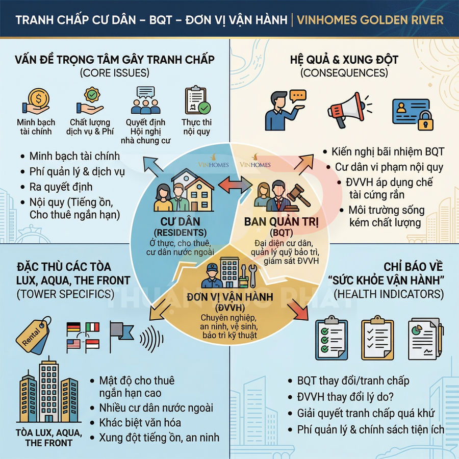 Infographic tranh chấp cư dân ban quản trị đơn vị vận hành tại chung cư Vinhomes Golden River