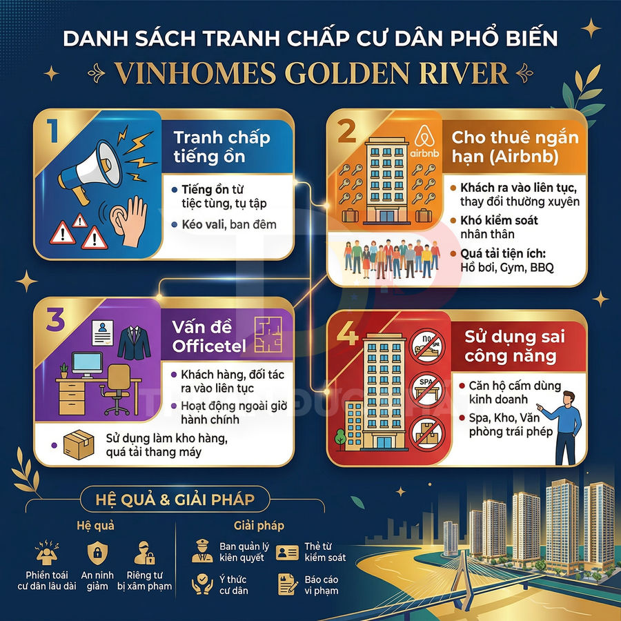 Infographic liệt kê các tranh chấp cư dân và giải pháp quản lý tại chung cư Vinhomes Golden River