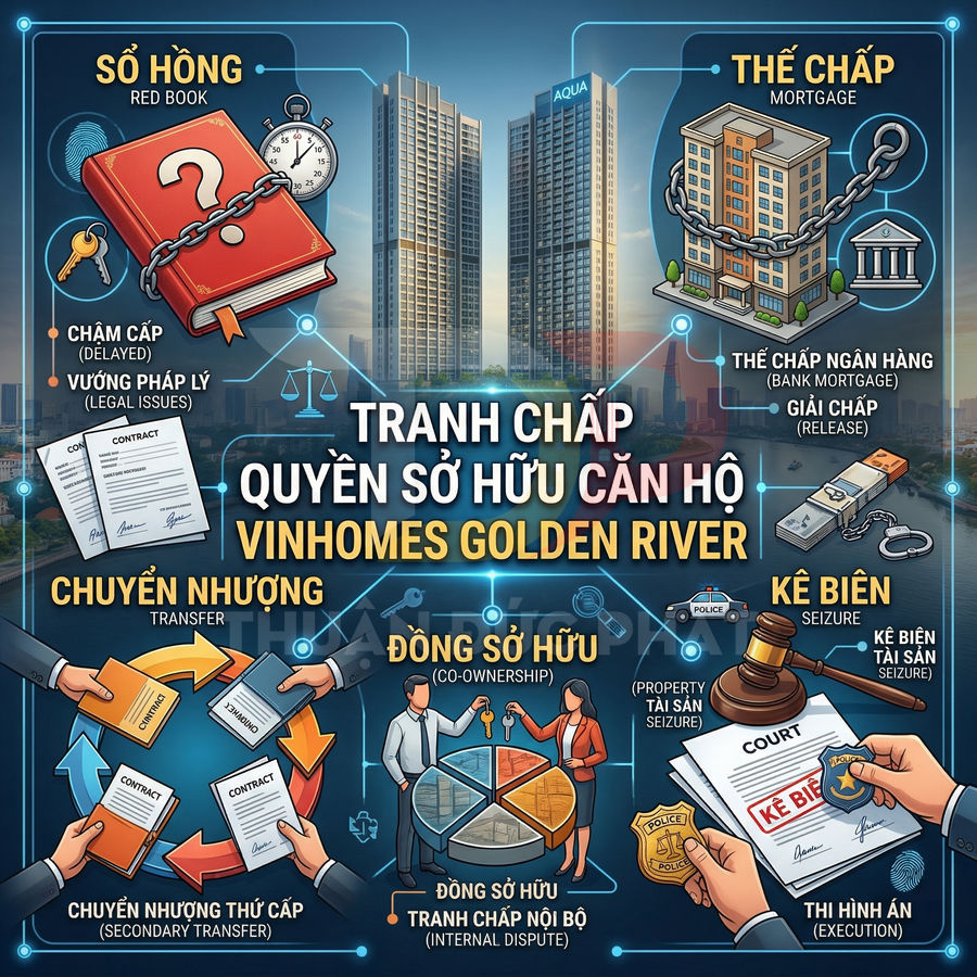 Tranh chấp quyền sở hữu căn hộ Vinhomes Golden River với các vấn đề sổ hồng, thế chấp, kê biên, chuyển nhượng