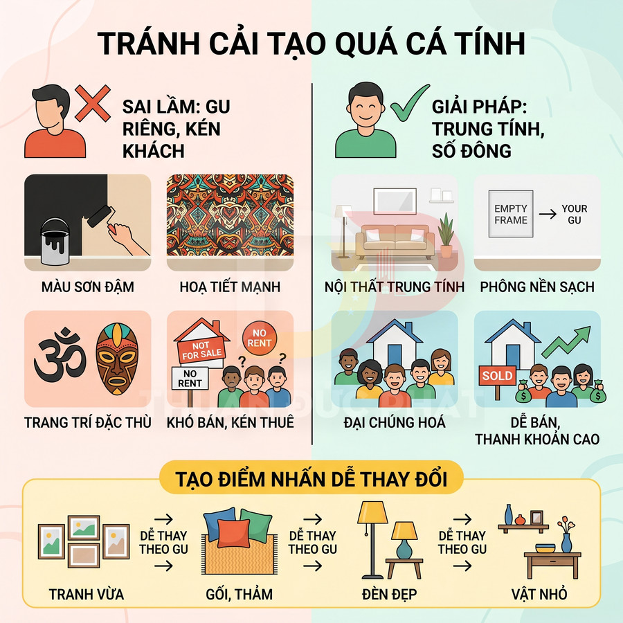 Infographic hướng dẫn tránh cải tạo nhà quá cá tính, chọn nội thất trung tính và điểm nhấn dễ thay đổi khi bán hoặc cho thuê nhà