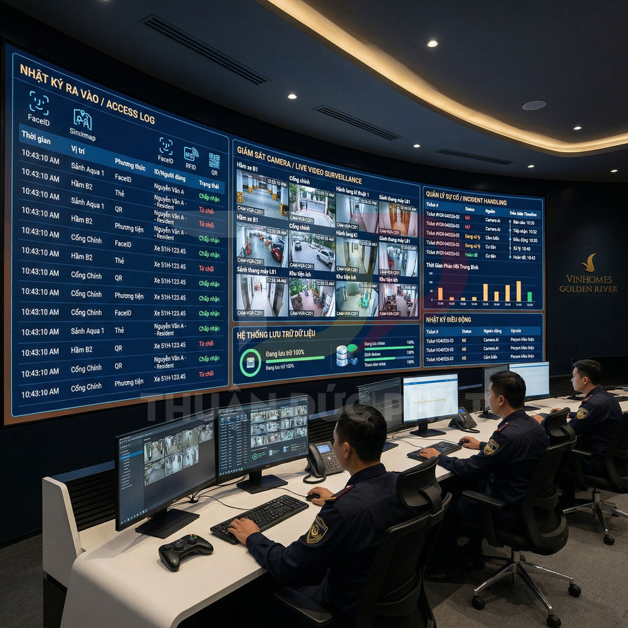 Phòng điều khiển an ninh Vinhomes Golden River với nhiều màn hình giám sát camera và nhân viên vận hành