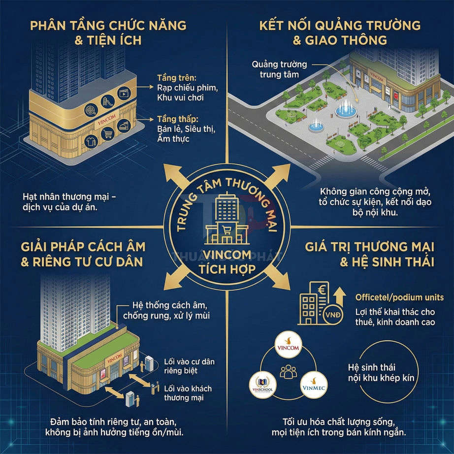 Mô hình trung tâm thương mại tích hợp Vincom với tiện ích, quảng trường, giải pháp cách âm và hệ sinh thái nội khu