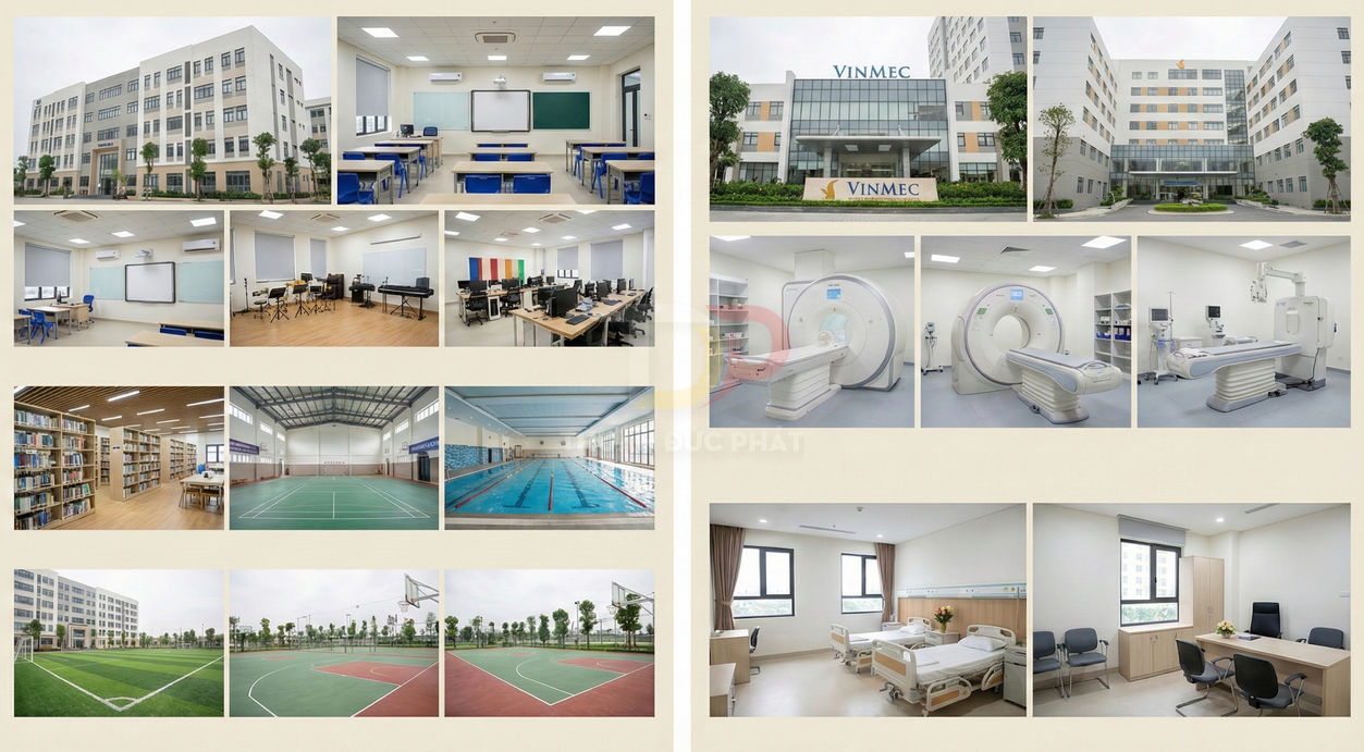 Khuôn viên trường học và bệnh viện Vinmec hiện đại với phòng học, thư viện, sân thể thao, bể bơi và phòng bệnh tiện nghi