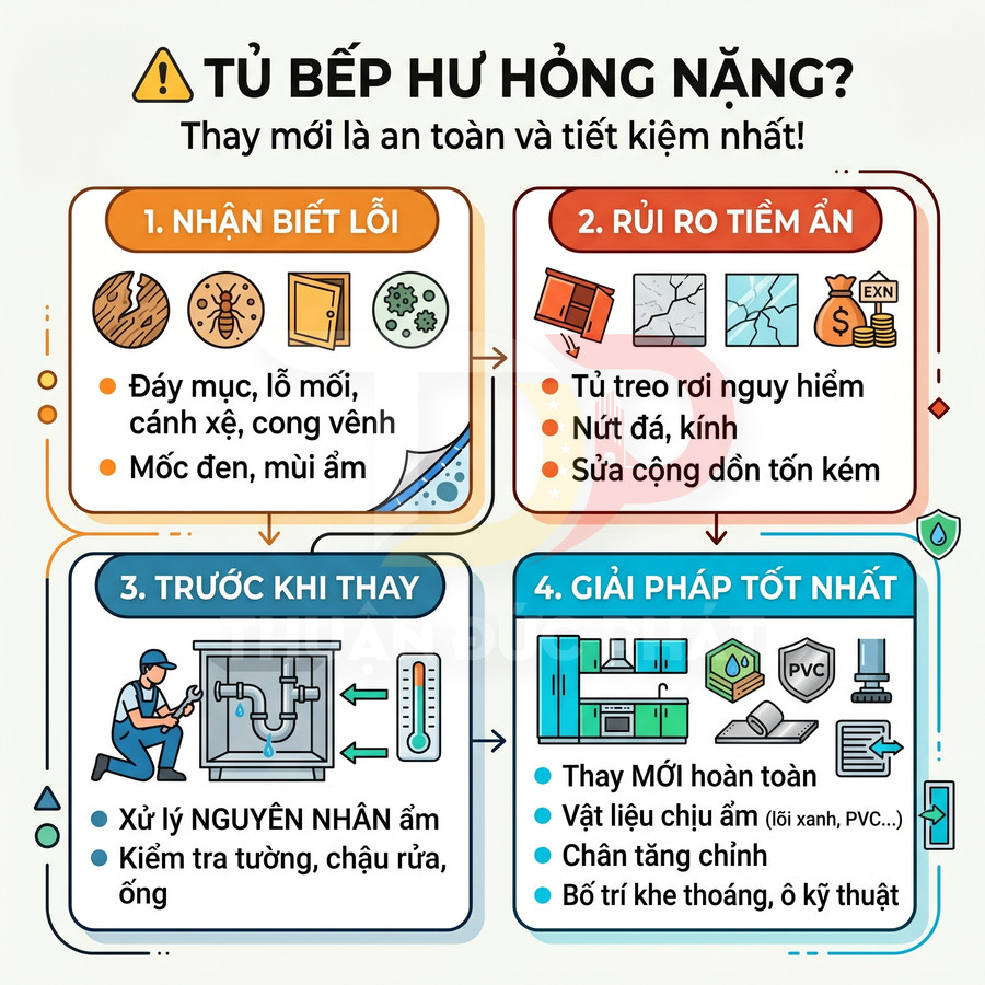 Infographic hướng dẫn nhận biết tủ bếp hư hỏng nặng và giải pháp thay mới bằng vật liệu chịu ẩm an toàn